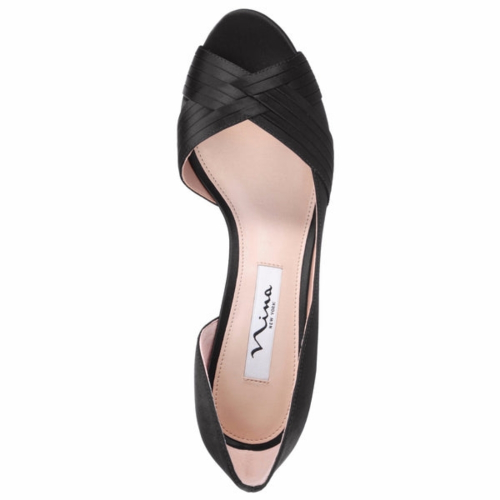Nina Contesa peep toe heels, black satin, 2.5" heel, size 10M